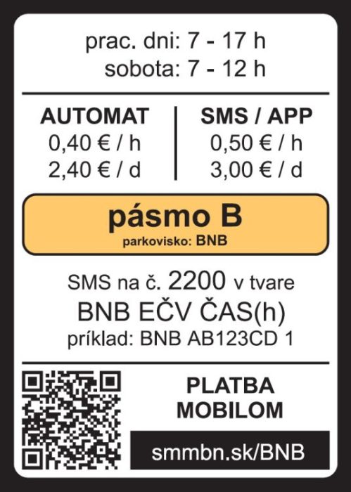 Informačná tabuľa s pokynmi pre platbu parkovného na odstavnej ploche na Ul. Záfortňa