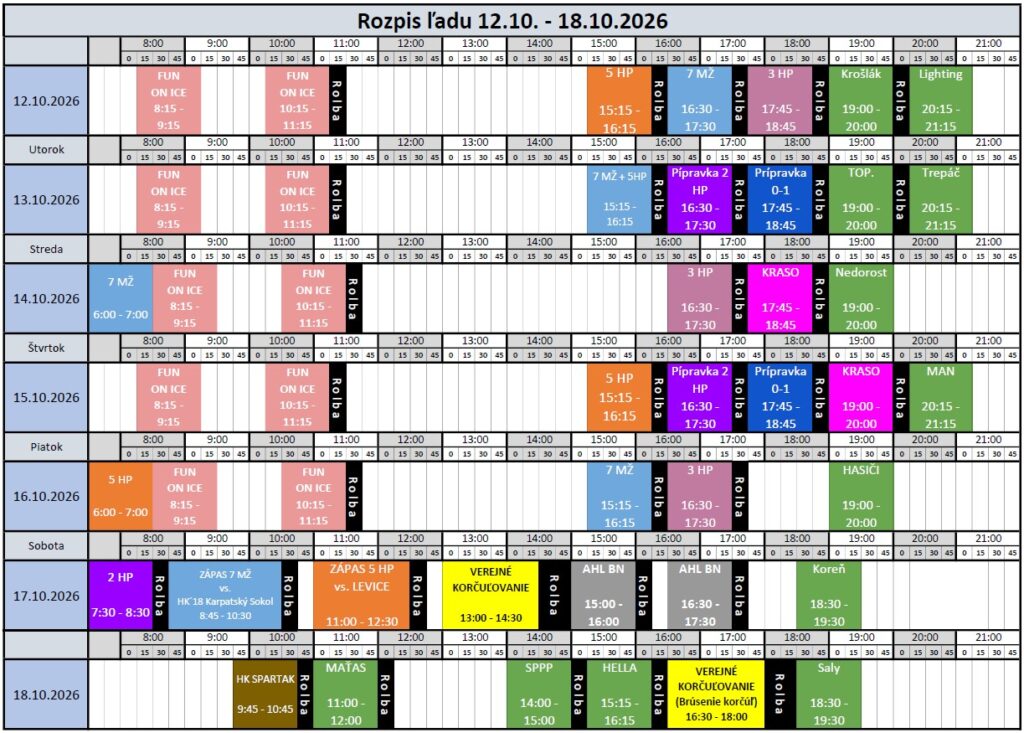 Rozpis ľadu od 12.10.-18.10.2026 (42. KT) Rozpis ľadu od 12.10.-18.10.2026 (42. KT)